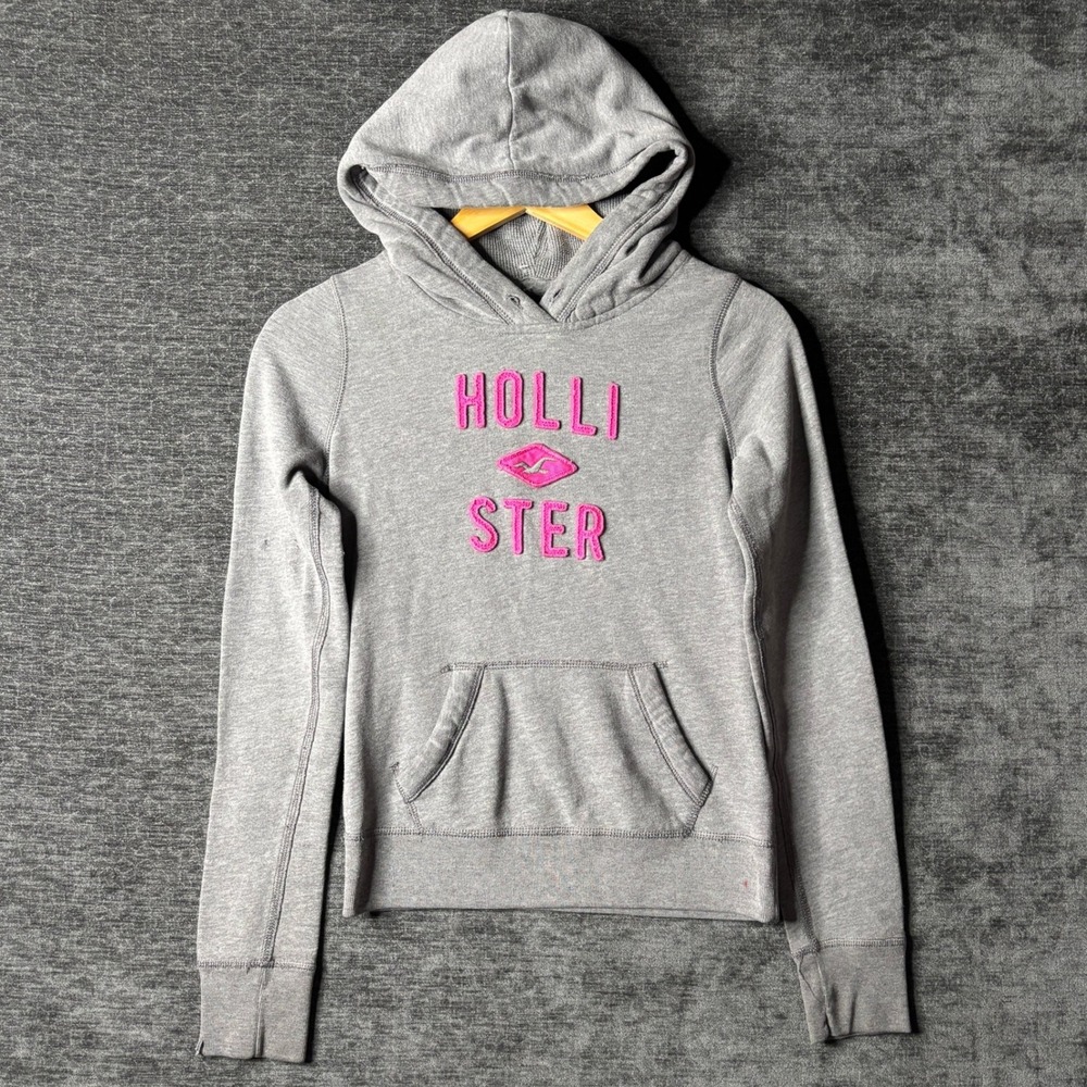 Vintage Y2K Womens Hollister Grey Pink Embroidered Logo Pullover Hoodie XS